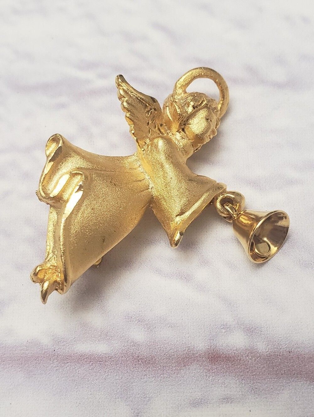 Vintage ROBYN RUSH RR Goldtone Angel With Bell Brooch Pin